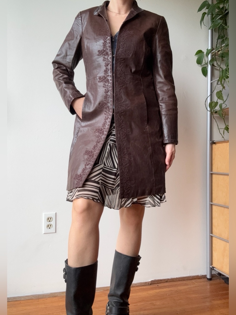Vintage Leather Embroidered Long Brown Coat - Picture 3 of 10